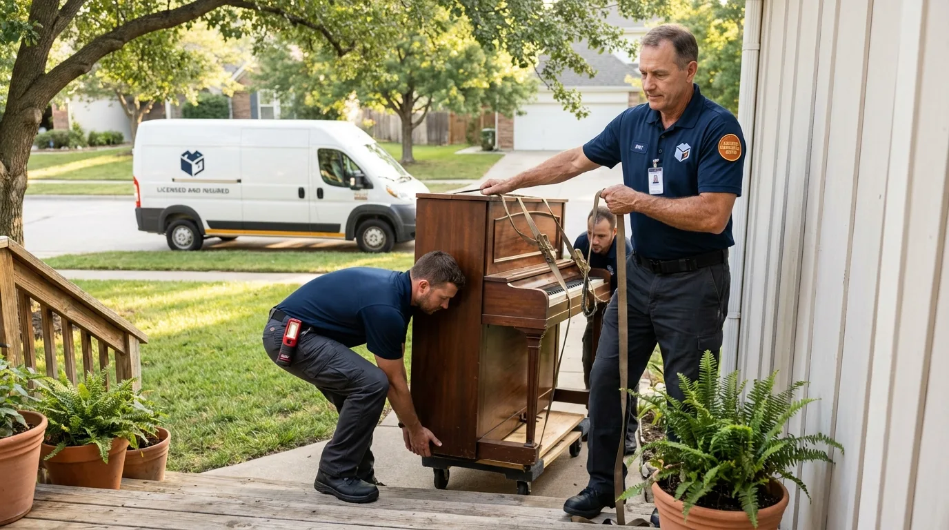 Licensed piano movers securing grand piano in Augusta, AR