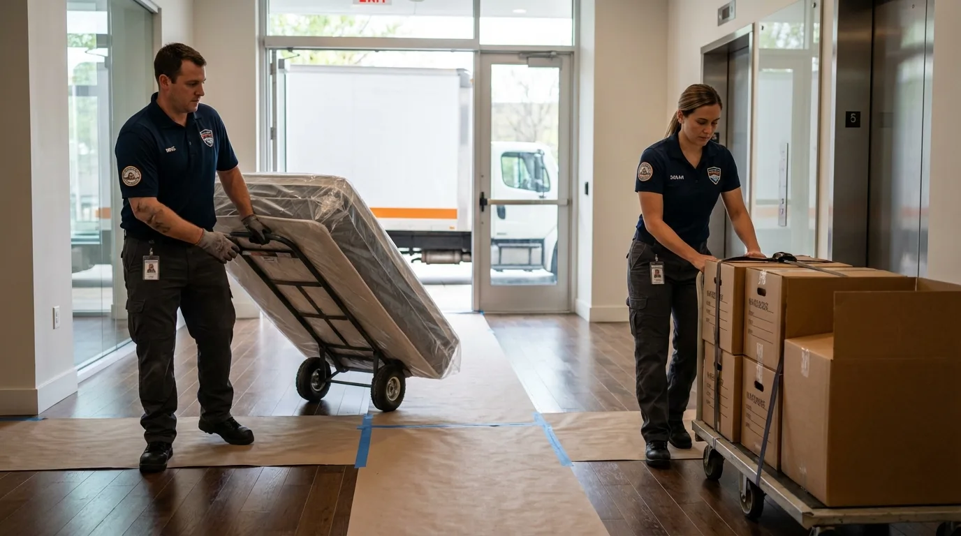 Professional apartment movers loading elevator in Augusta, AR